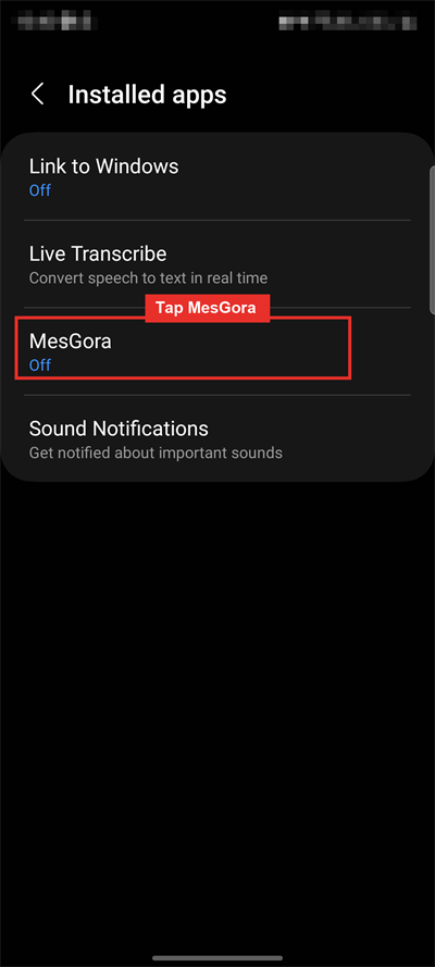 Installed apps list showing MesGora
