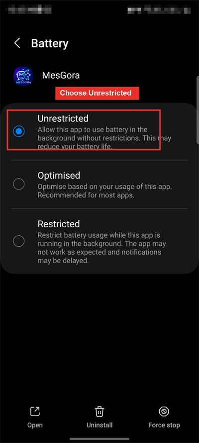 Samsung battery setting — Unrestricted selected for MesGora