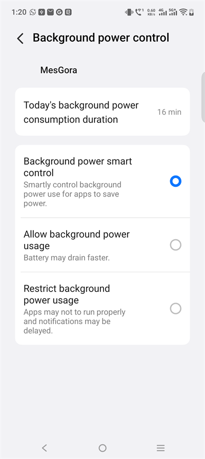 vivo Background power control showing smart control selected by default
